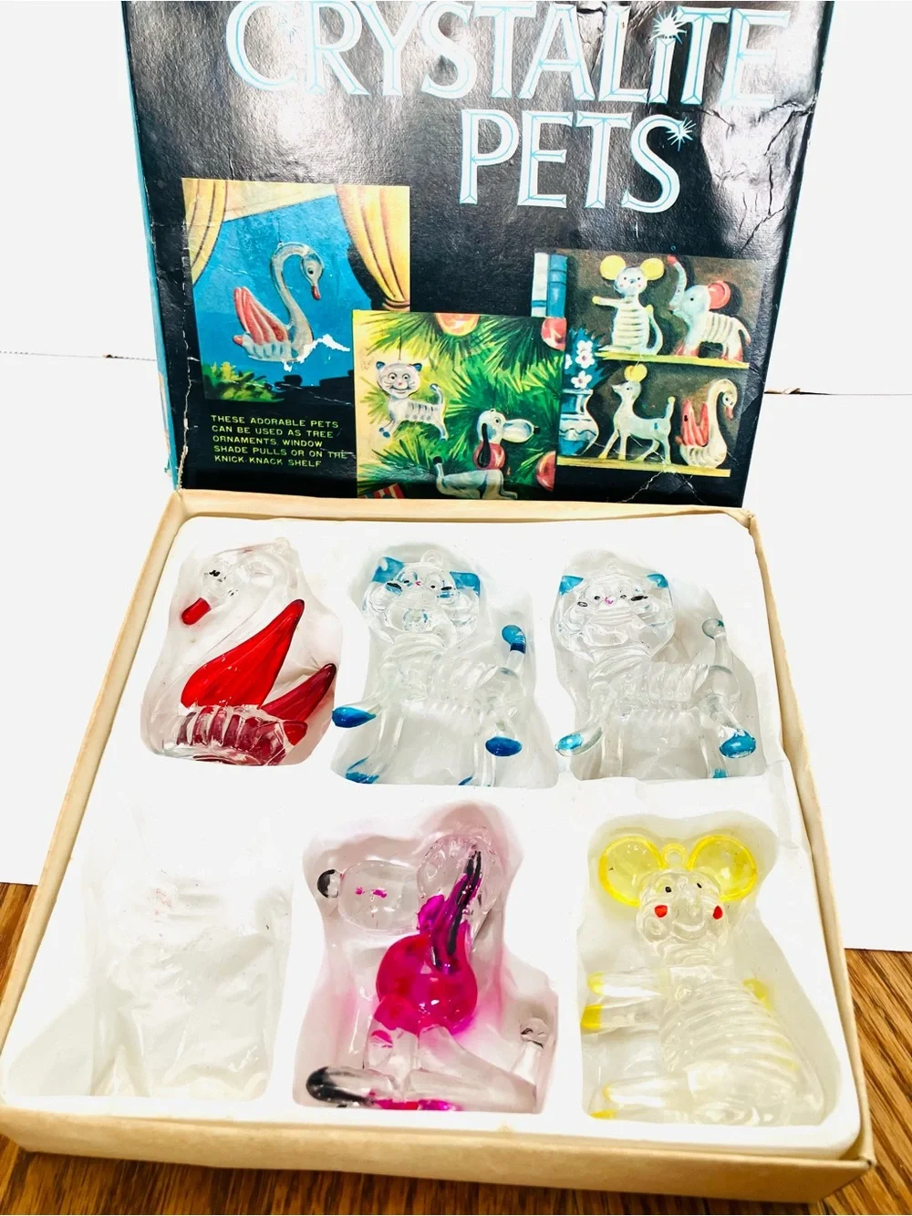 1976 Crystalite Pets Holiday Ornaments Lot(5) Damaged Box Minor Paint Chips Read